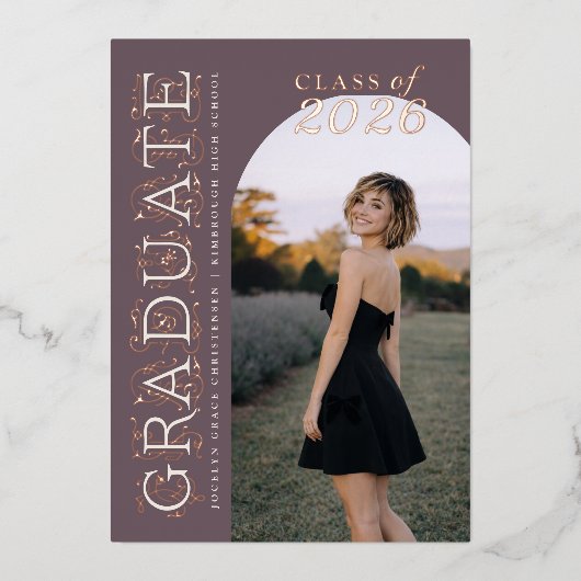 Plum Ivory Photo Graduation Rose Gold Folie Uitnodiging (Voorkant)
