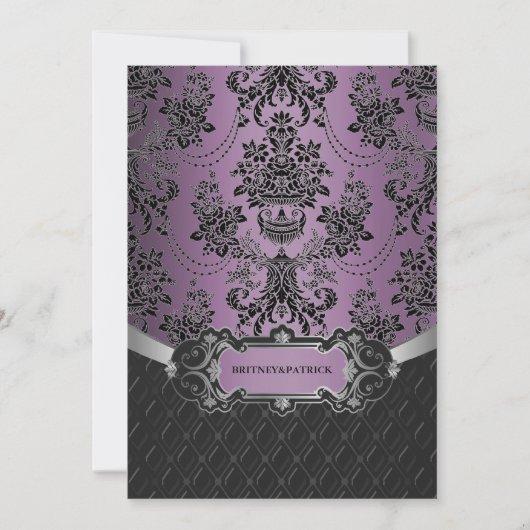 Plum Lapis Paarse Black Damask Wedding Invitations Kaart (Voorkant)