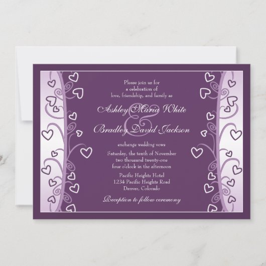 Plum Lavender Paars Hearts Wedding Invitation Kaart (Voorkant)