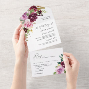 Plum Lavender Paarse Blush Floral Wedding All In One Uitnodiging