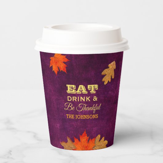 Plum Leaves eet Drink en ben dankbaar Papieren Bekers (Achterkant)
