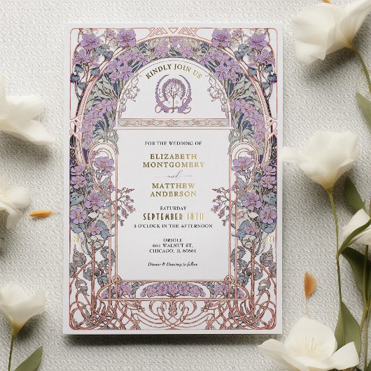 Plum & Lila Art Nouveau Liefde Unie Uitnodiging