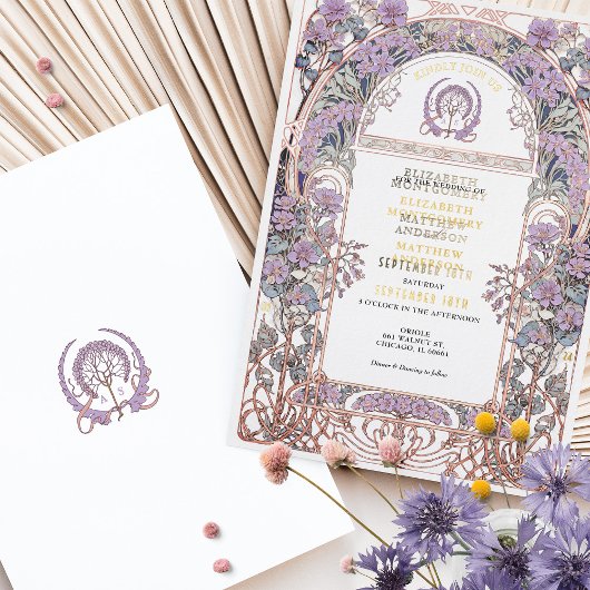 Plum & Lila Art Nouveau Liefde Unie Uitnodiging