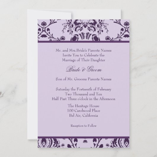 Plum/lila demask, douane bruiloft kaart (Achterkant)