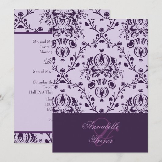 Plum/lila demask, douane bruiloft kaart (Voorkant / Achterkant)