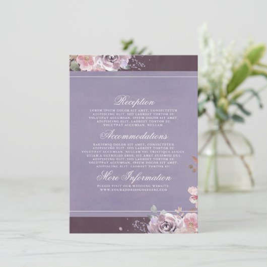 Plum Lila en Mauve trouwinformatie Gast Informatiekaartje (Staand voorkant)