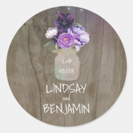 Plum Lila Flowers Mason Jar Rustieke Bruiloft Ronde Sticker