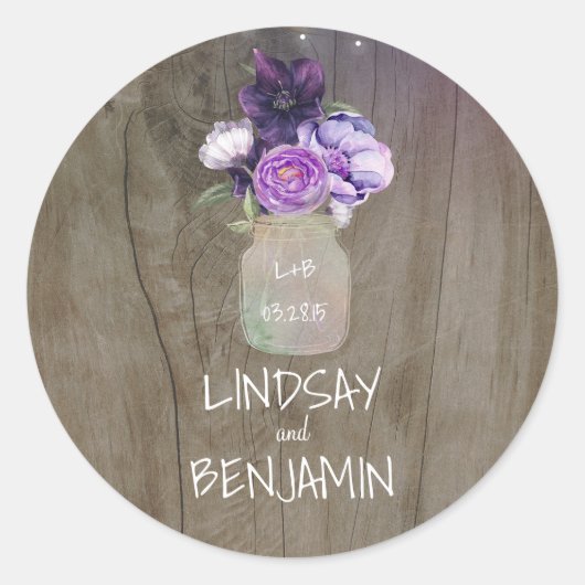 Plum Lila Flowers Mason Jar Rustieke Bruiloft Ronde Sticker (Voorkant)
