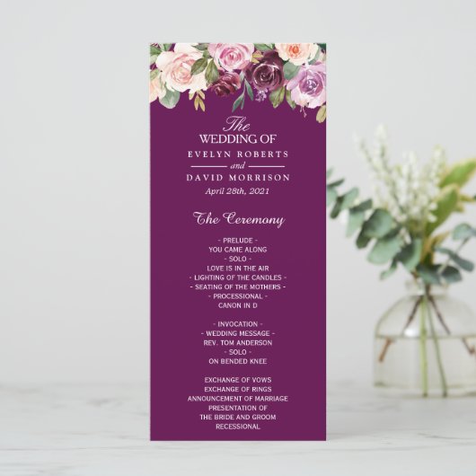 Plum Lila Paars Blush Floral Chic Wedding Programmakaart (Staand voorkant)