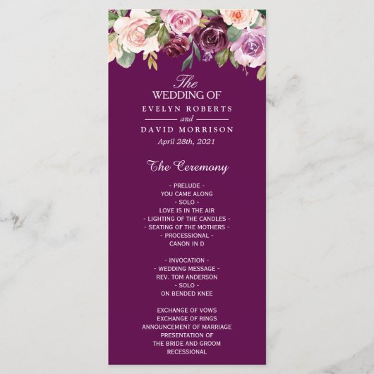 Plum Lila Paars Blush Floral Chic Wedding Programmakaart (Voorkant)