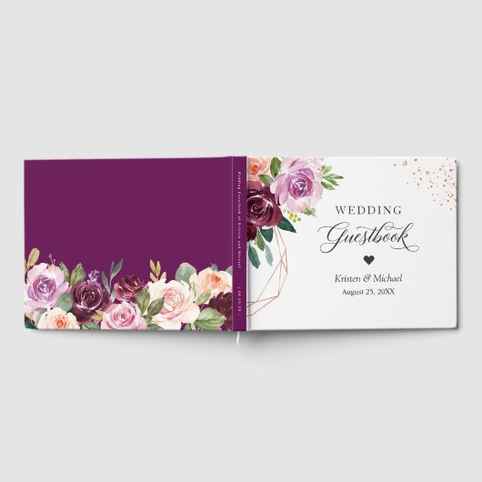 Plum Lila Paarse Bloemen Roos Gouden Bruiloft Gastenboek (Volledig)