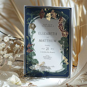 Plum Marine Blauw Goud Bloemen Bruiloft Folie Uitnodiging