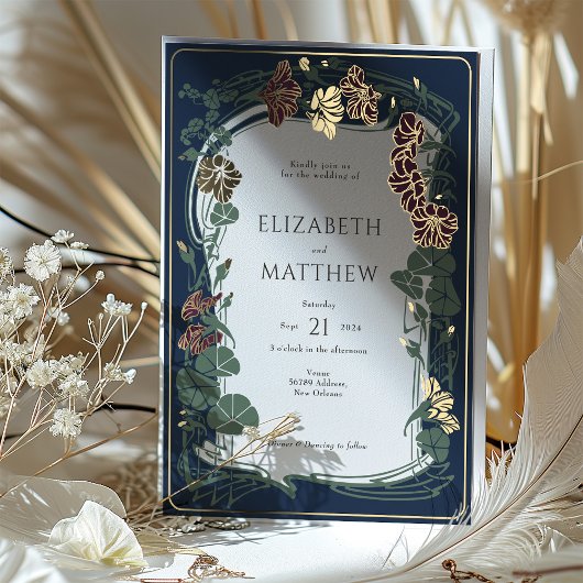 Plum Marine Blauw Goud Bloemen Bruiloft Folie Uitnodiging