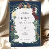 Plum Marine Blauw Goud Bloemen Bruiloft Folie Uitnodiging