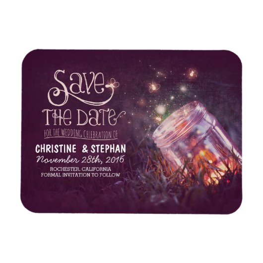 Plum Mason Jar Fireflies Save the Date Magneet (Horizontaal)