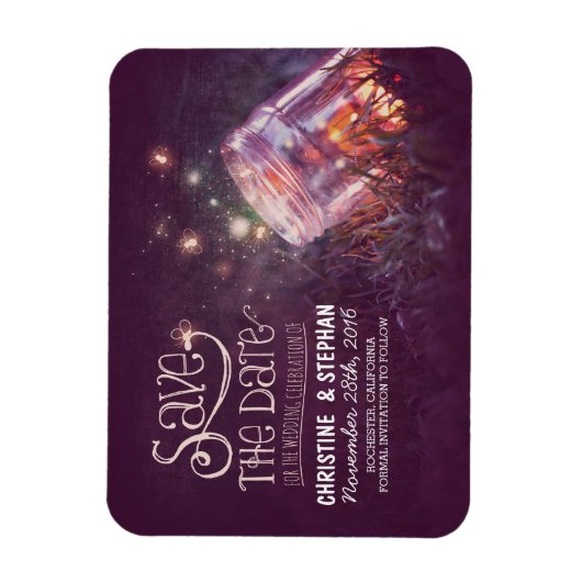 Plum Mason Jar Fireflies Save the Date Magneet (Verticaal)