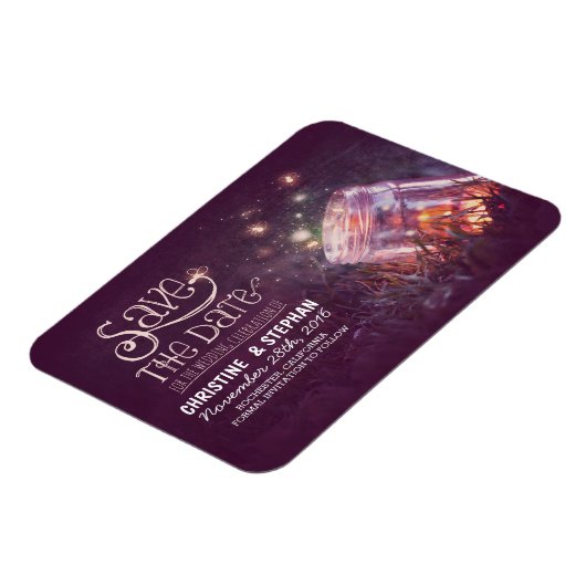 Plum Mason Jar Fireflies Save the Date Magneet (Linkerzijde)