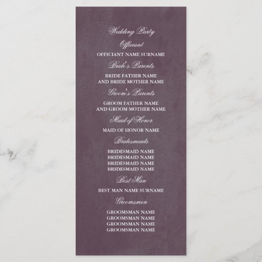 Plum Mauve en Lila  Flora Trouwprogramma Programmakaart (Achterkant)