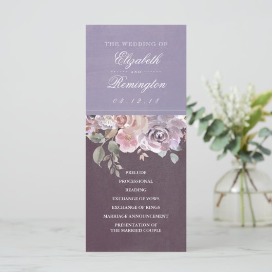 Plum Mauve en Lila  Flora Trouwprogramma Programmakaart (Staand voorkant)