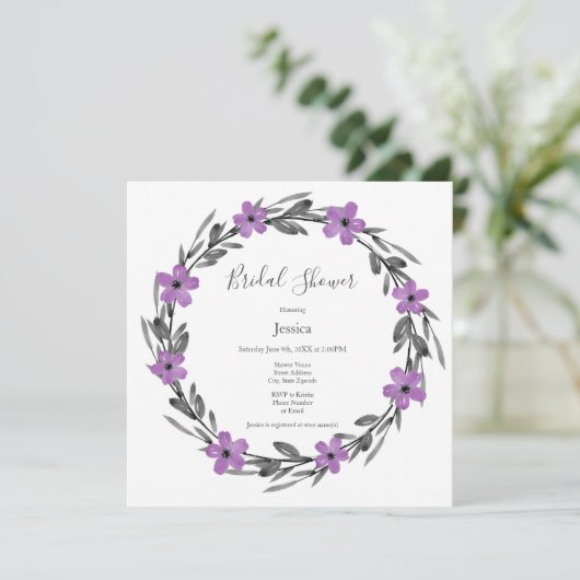 Plum Mauve Grey Black Waterverf Floral Wreate Kaart (Staand voorkant)