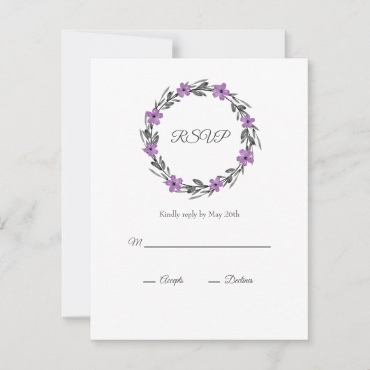 Plum Mauve Grey Black Waterverf Floral Wreate RSVP Kaartje (Voorkant)