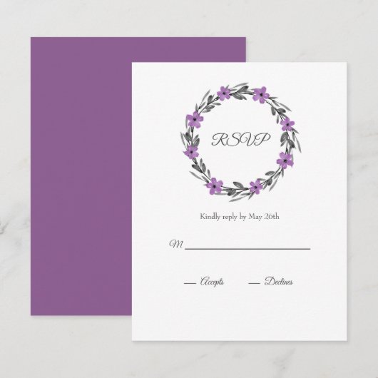 Plum Mauve Grey Black Waterverf Floral Wreate RSVP Kaartje (Voorkant / Achterkant)