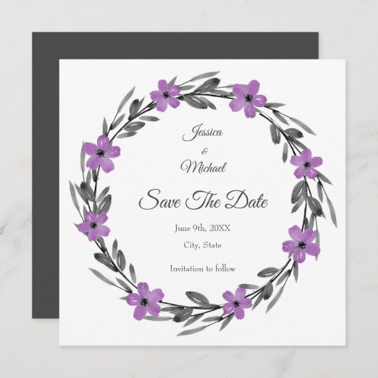 Plum Mauve Grey Black Waterverf Floral Wreate Save The Date (Voorkant / Achterkant)