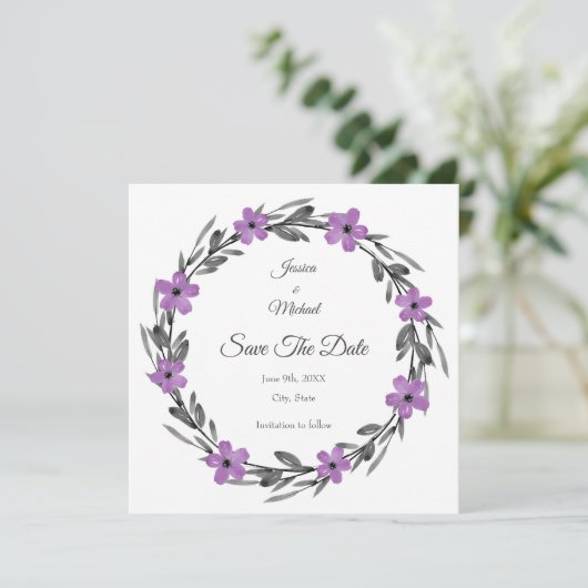 Plum Mauve Grey Black Waterverf Floral Wreate Save The Date (Staand voorkant)