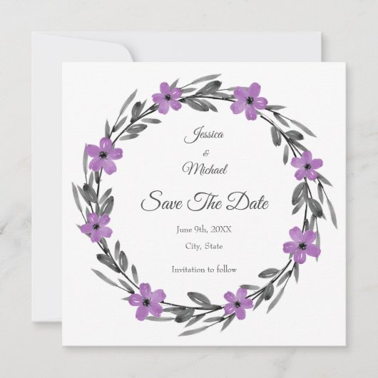 Plum Mauve Grey Black Waterverf Floral Wreate Save The Date (Voorkant)