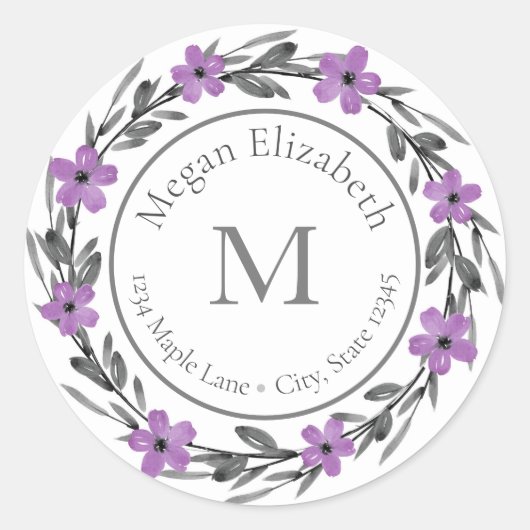 Plum Mauve Grijs Waterverf Floral Krans labels (Voorkant)
