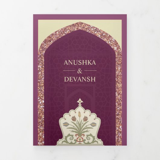 Plum Mauve Roos Gouden Glitter Indiase bruiloft Drieluik Uitnodiging (Cover)
