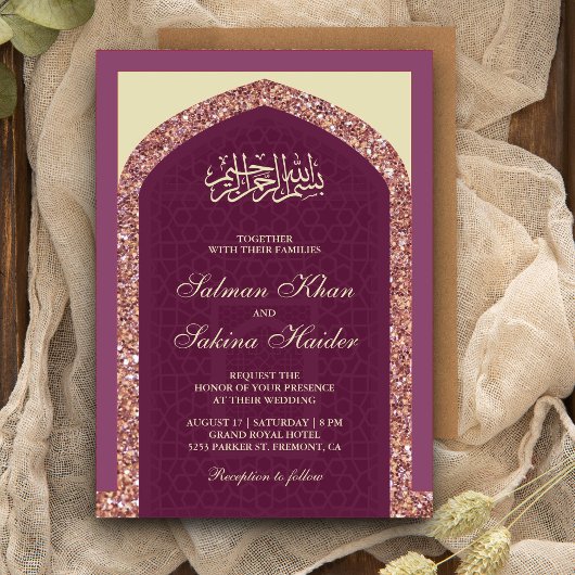 Plum Mauve Roos Gouden Glitter Mihrab Moslim Bruil Kaart