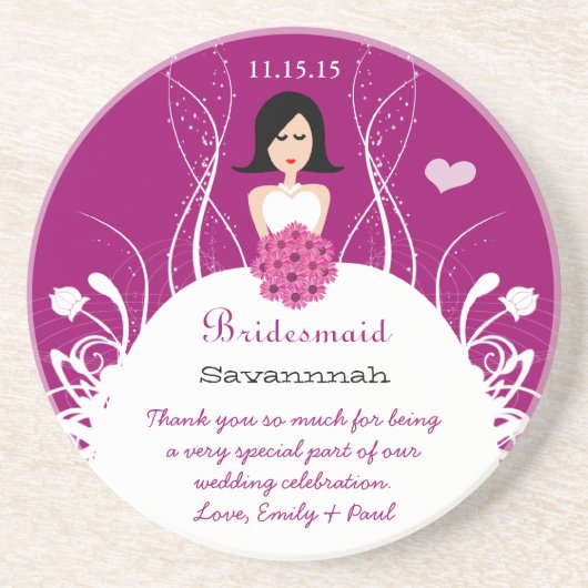 Plum met Black Hair Side Part Bridesmaid Onderzett Zandsteen Onderzetter (Voorkant)