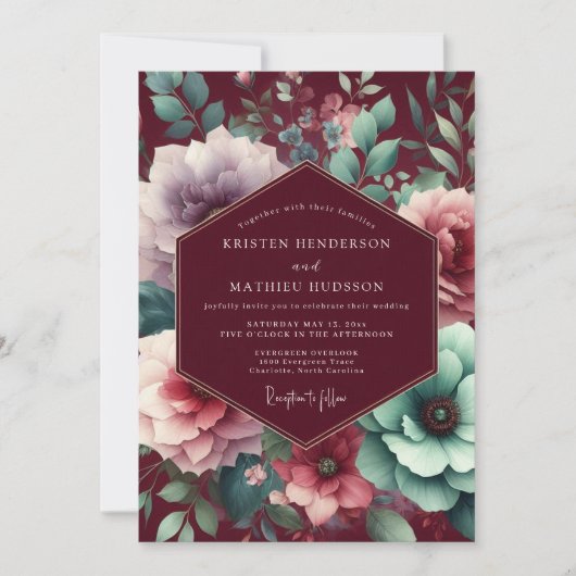 Plum Moody Bloom Wedding Kaart (Voorkant)