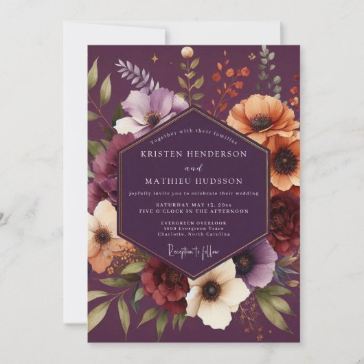 Plum Moody Botanical Wedding Kaart (Voorkant)