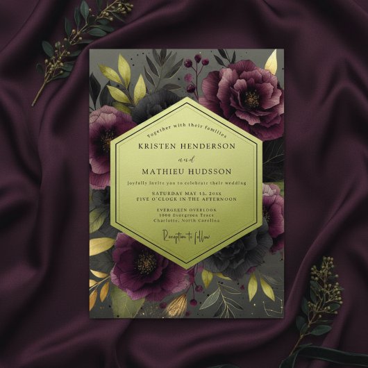 Plum Moody Botanical Wedding Kaart