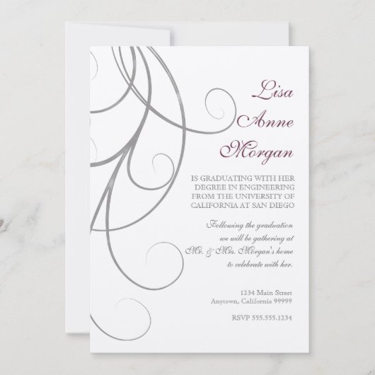 Plum n Silver Leaf Swirl Damask 2 Afstuderen Kaart (Voorkant)