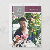 Plum n Silver Leaf Swirl Damask 2 Afstuderen Kaart (Achterkant)