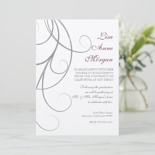 Plum n Silver Leaf Swirl Damask 2 Afstuderen Kaart (Staand voorkant)