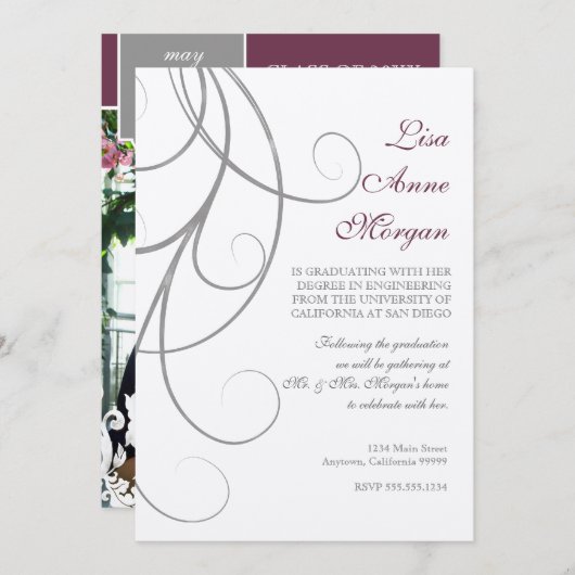 Plum n Silver Leaf Swirl Damask 2 Afstuderen Kaart (Voorkant / Achterkant)