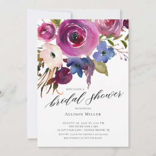 Plum & Navy Bloemen Bruids Douche Uitnodiging (Voorkant)