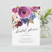 Plum & Navy Bloemen Bruids Douche Uitnodiging (Staand voorkant)