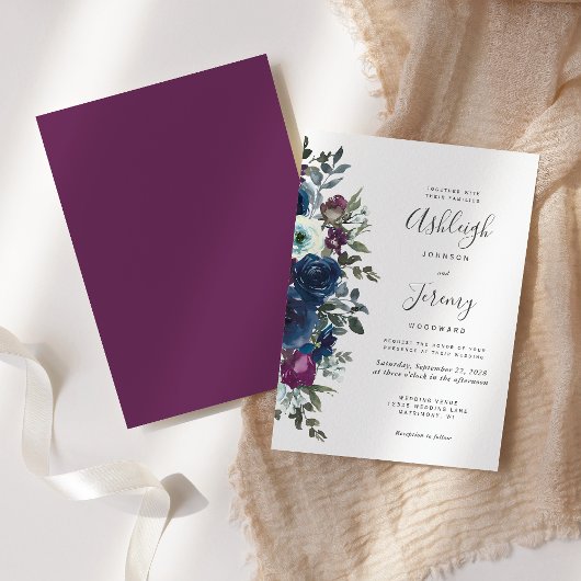 Plum Navy Blue Waterverf Floral Wedding Kaart