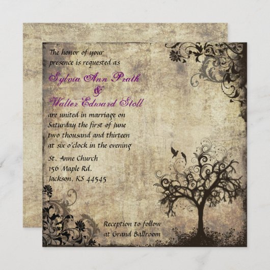 Plum Nieuw Leven Vintage bruiloft uitnodiging (Voorkant / Achterkant)