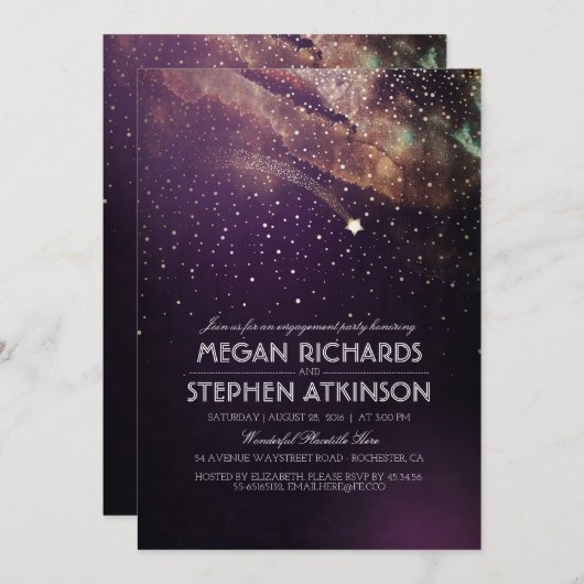 Plum Night Gold Shooting Star Engagement Party Kaart (Voorkant / Achterkant)