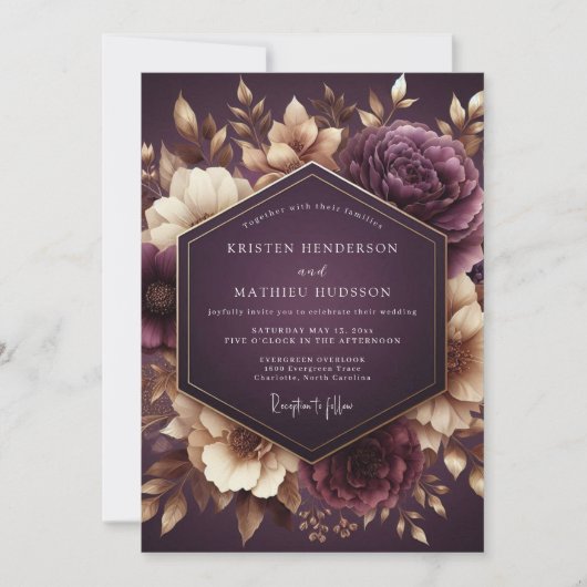 Plum Nocturne Floral Romance Wedding Kaart (Voorkant)