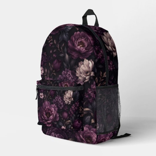 Plum Noir Bloemmotief Bedrukte Rugzak (Achterkant Hoek Rechts)