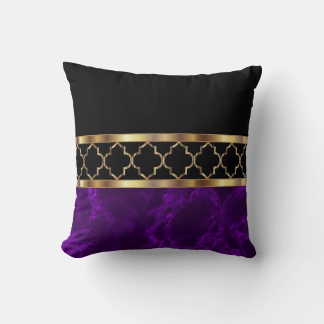 Plum Paars, Black & Gold Quatrefoil Kussen (Voorkant)