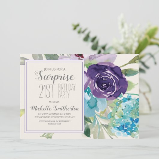Plum Paars Blue Floral Surprise 21st Birthday Kaart (Staand voorkant)