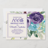 Plum Paars Blue Waterverf Floral 100th Birthday Kaart (Voorkant)